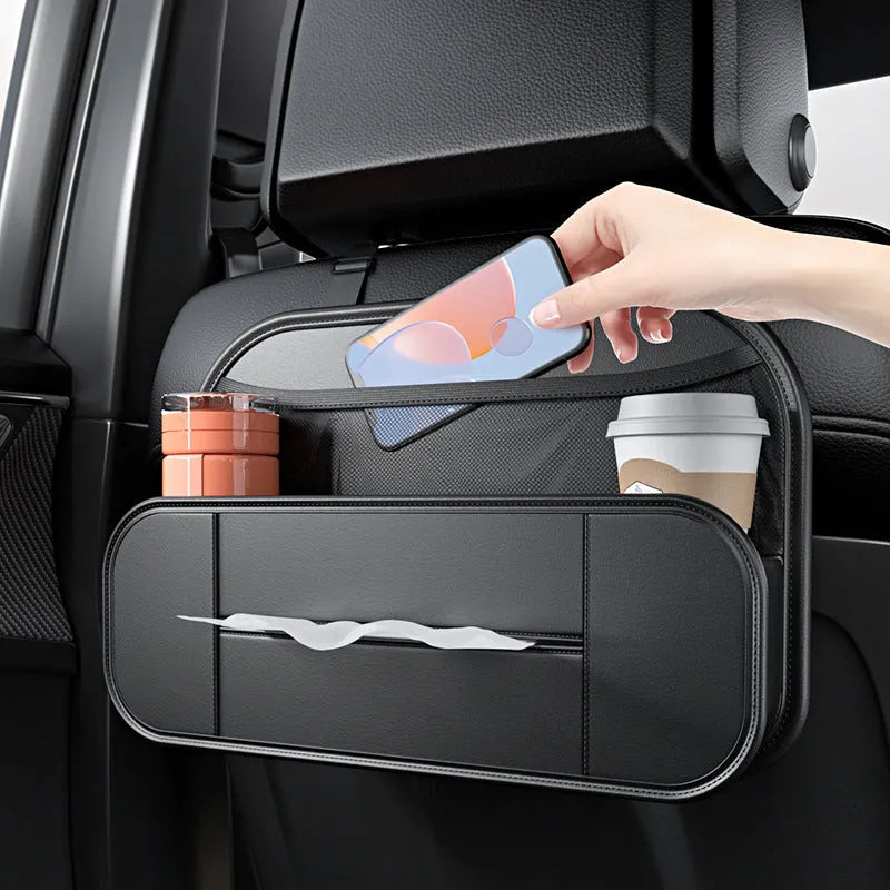 Black genuine leather car seat back storage bag with compartments