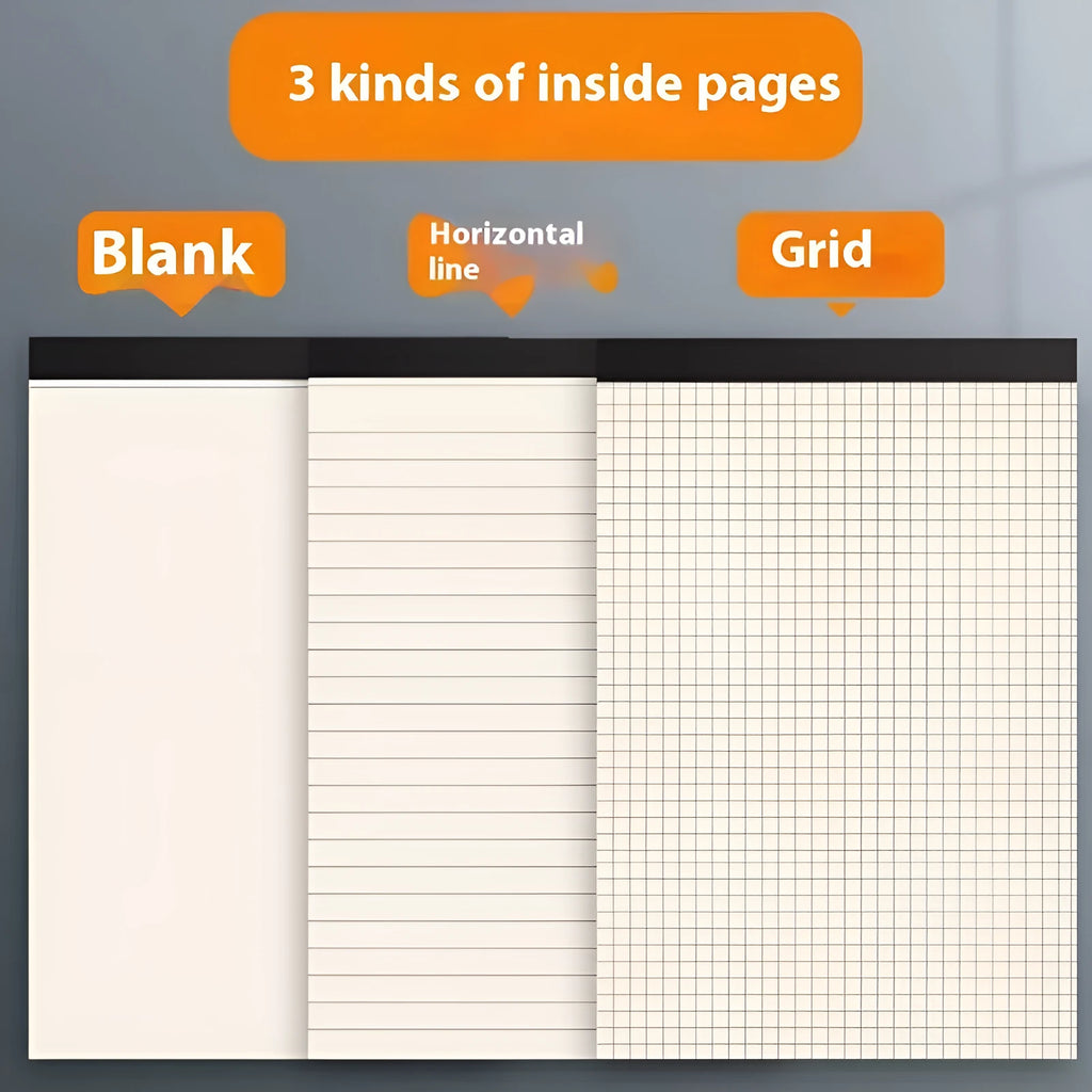 A5, B5 and A4 tearable writing pads with 80 sheets in line, grid and blank page options