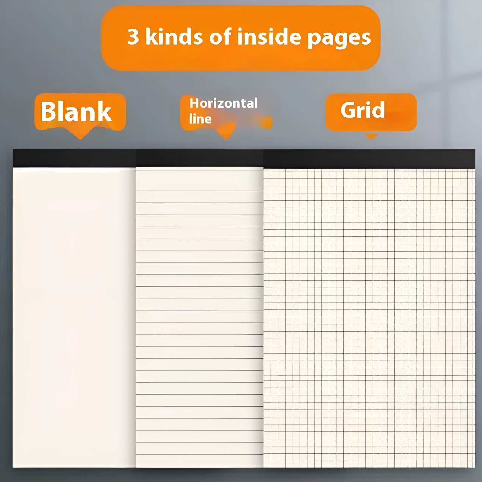 A5, B5 and A4 tearable writing pads with 80 sheets in line, grid and blank page options