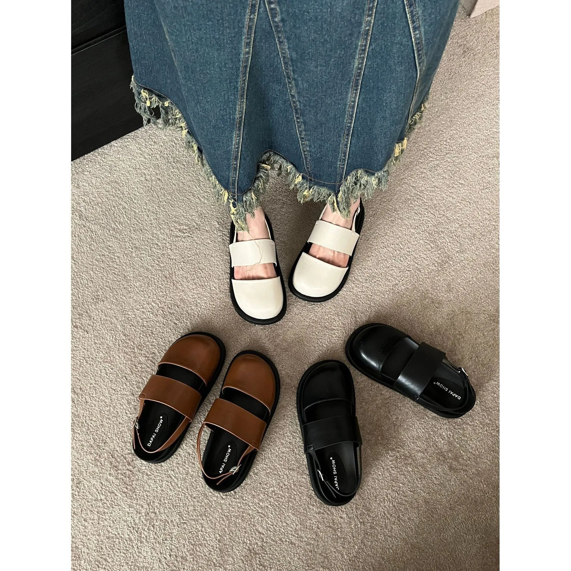 Korean style retro sandals with raised sole, closed toe and adjustable ankle strap buckle in microfiber