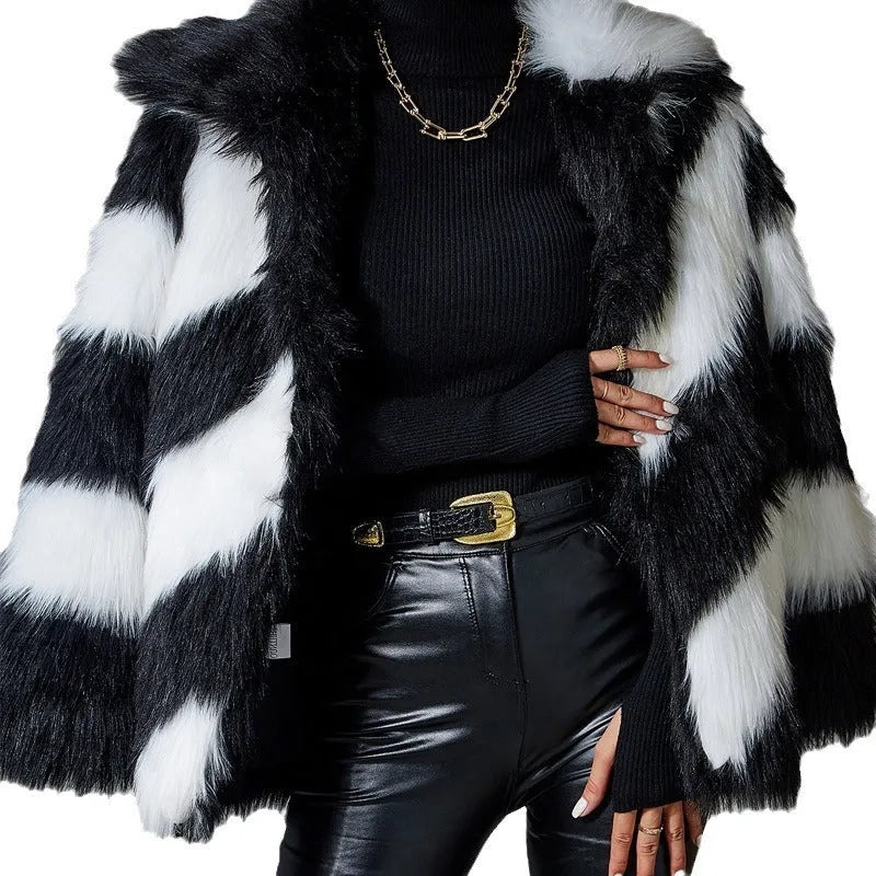 Women's faux fur coat with contrast lapel trim and detachable fur collar in picture colour
