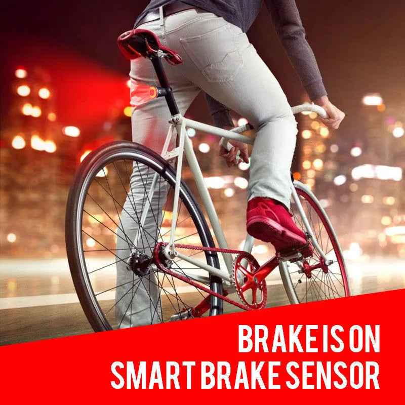 Black aluminium alloy USB charging smart brake sensing bicycle taillight with multiple flash modes.