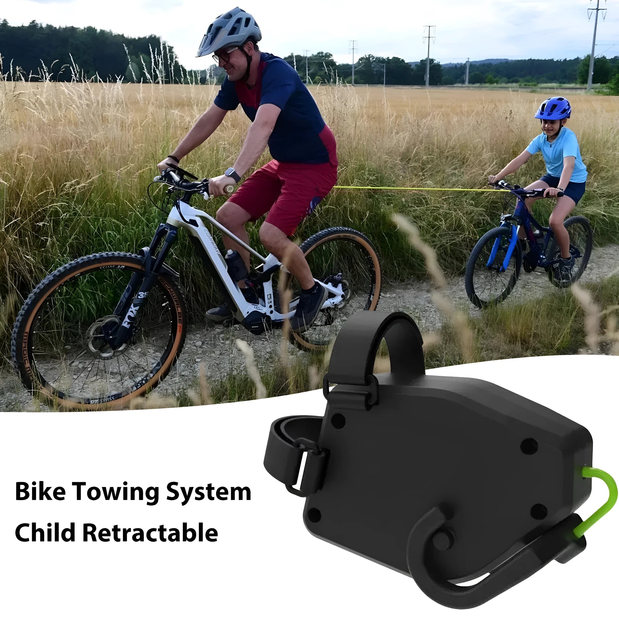 Black plastic bicycle trailer rope with buckle for connecting trailers to bicycles