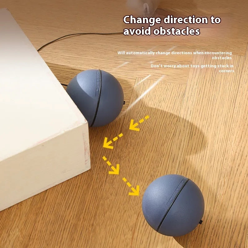 Automatic cat teaser ball toy with plush mouse attachment in blue-orange colour