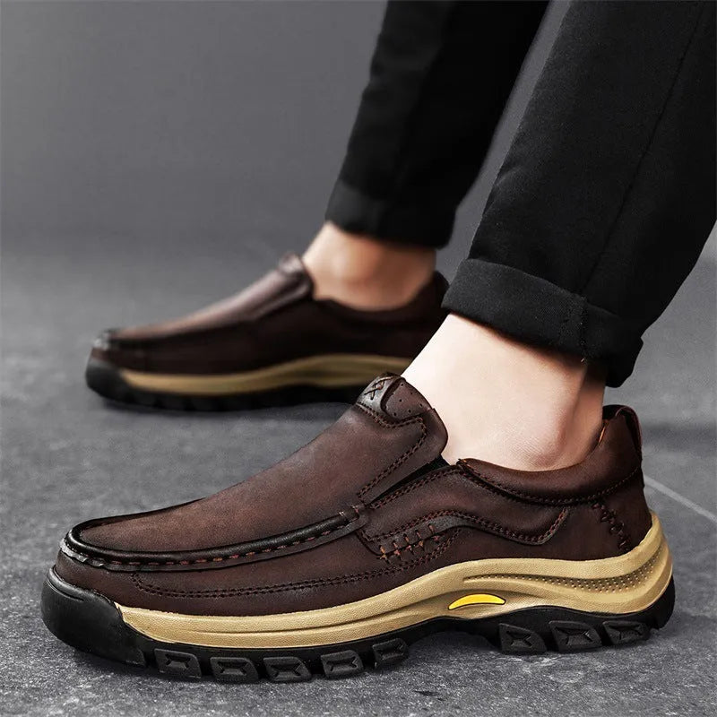 Men's black leather outdoor shoes with thick rubber sole and round toe