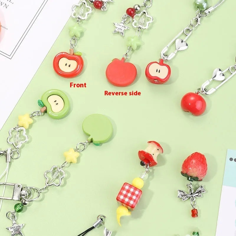 Fruit pattern mobile phone charm keychain with apple and strawberry designs in plastic resin material