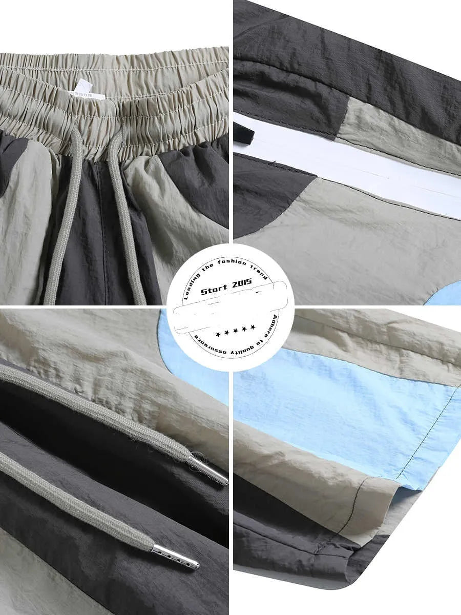 Blue patchwork quick-drying outdoor sports shorts with loose cut and straight-leg design