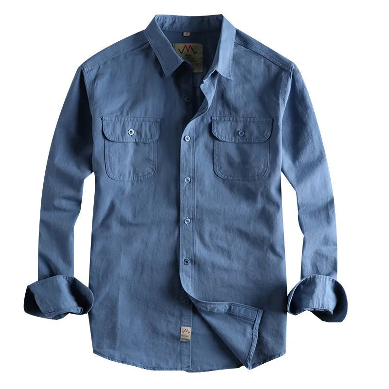 Men's white and light blue cotton long sleeve shirt in cardigan style