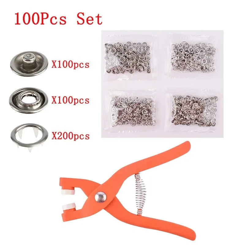 Five claw no-sew stainless steel button for children's clothing measuring 9.5mm with application pliers