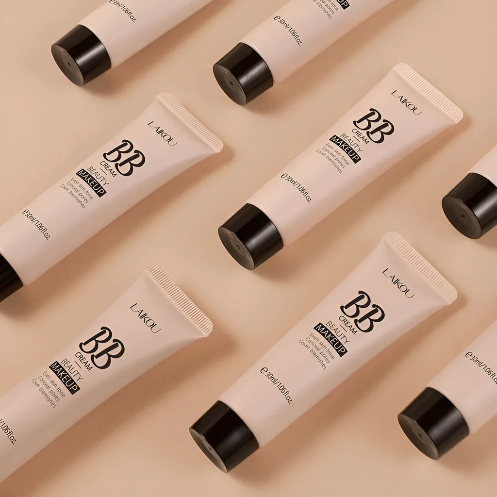 BB cream tube in 30ml size showing nine colour shades from light ivory to deep brown