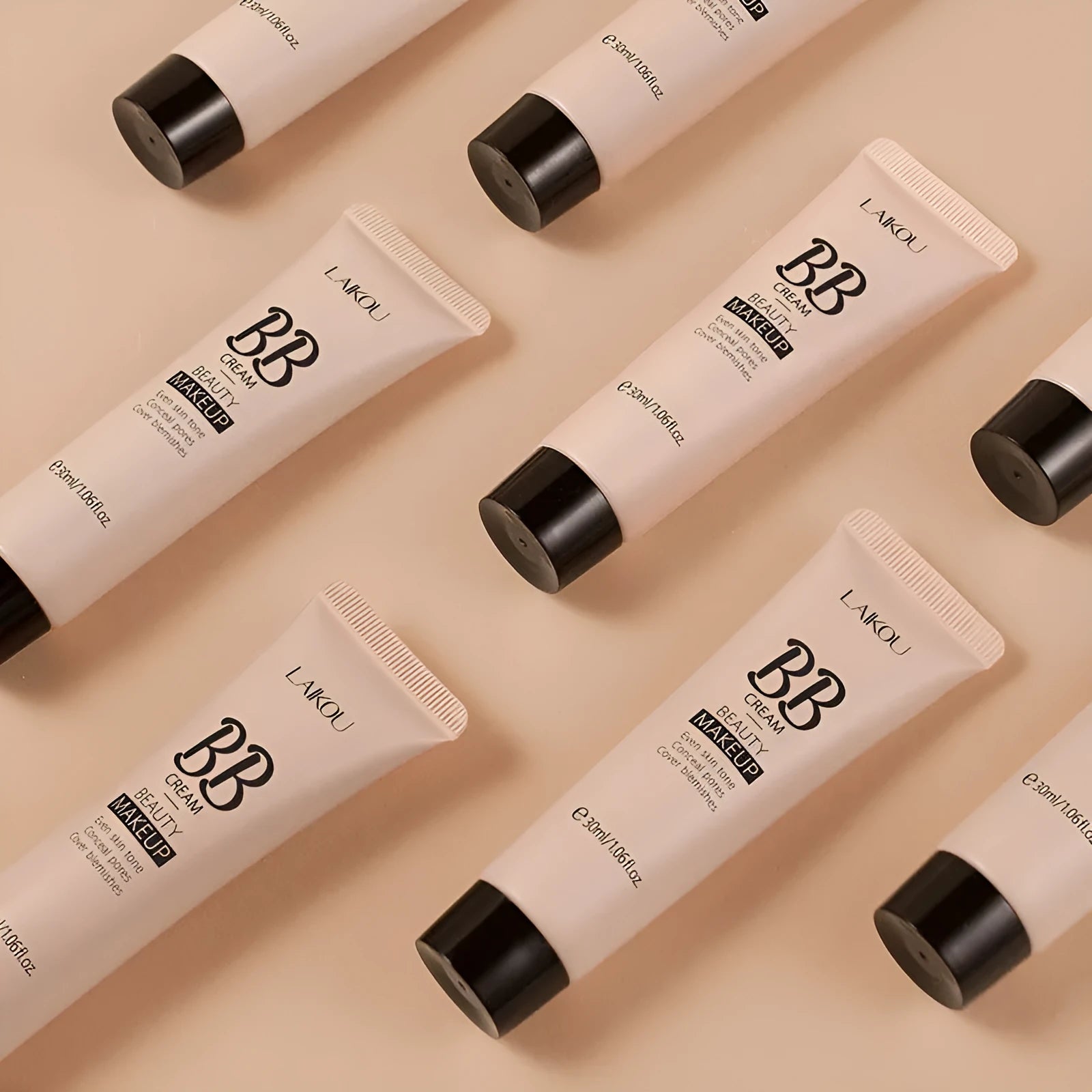 BB cream tube in 30ml size showing nine colour shades from light ivory to deep brown
