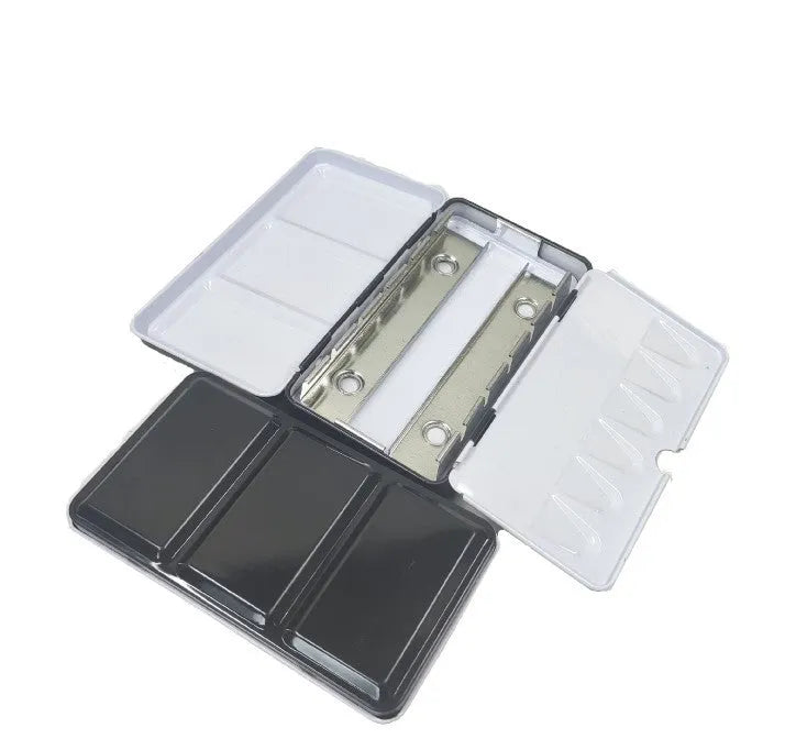 Tinplate folding watercolour paint box for solid pigments in three size configurations