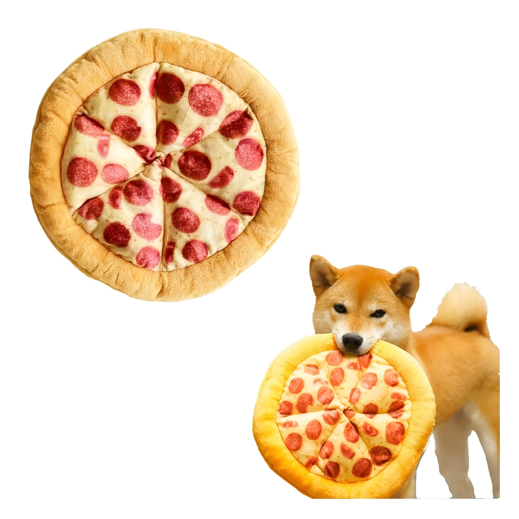 Yellow teddy pizza slice dog chew toy with textured surface and squeaker, 17 cm long.