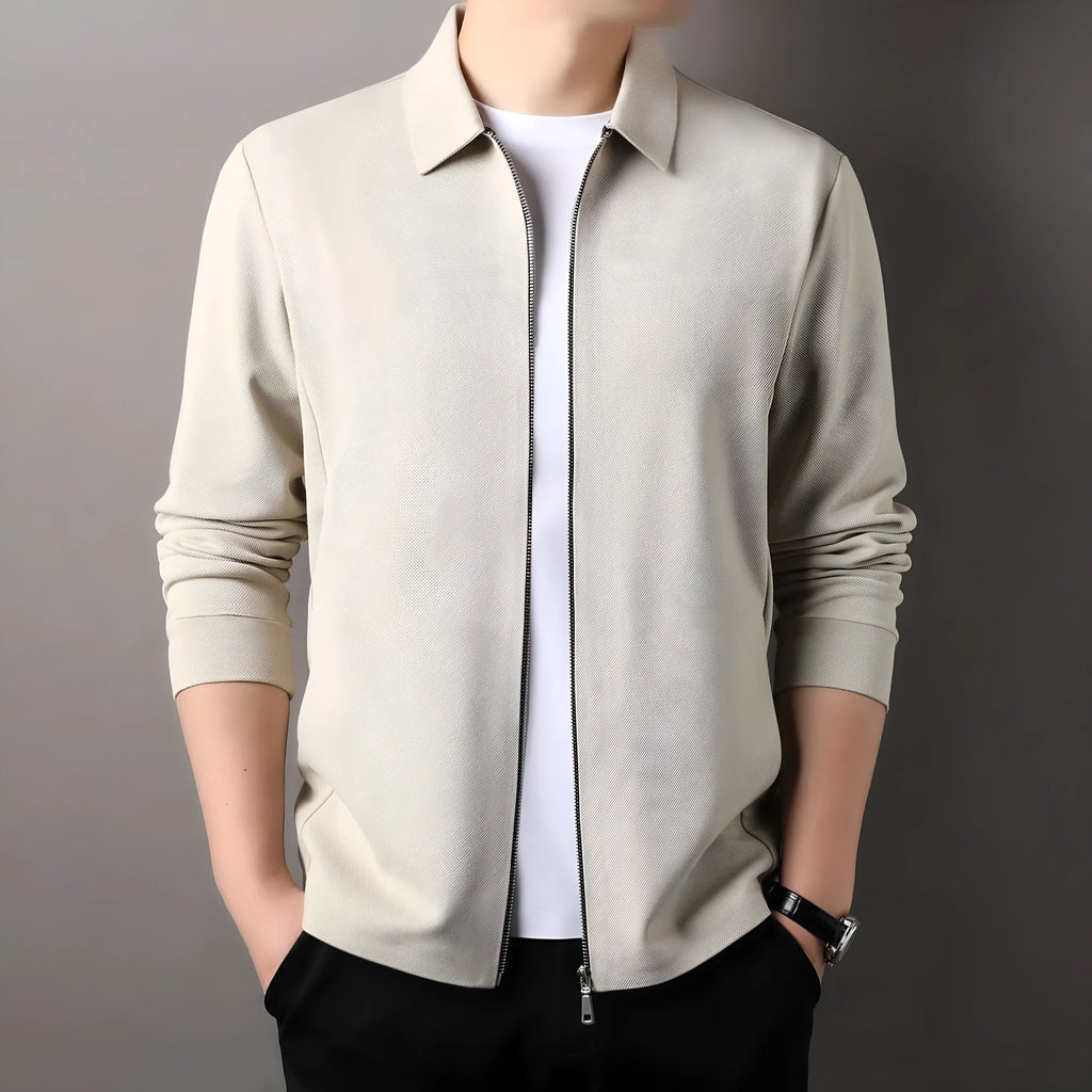 Men's slim fit casual business jacket in polyester available in black, dark grey, and apricot colours.