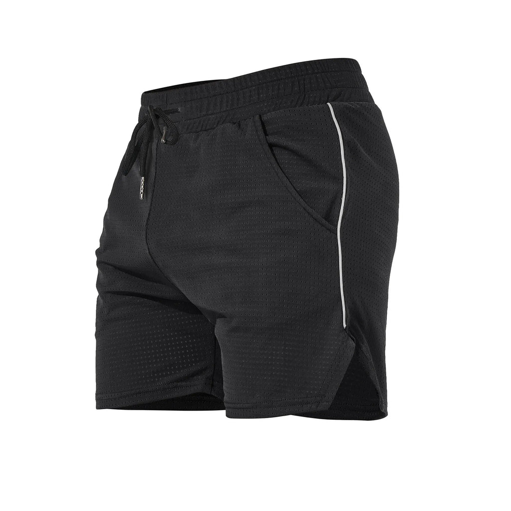 Men's straight leg polyester sports shorts in black, grey, navy, or red.