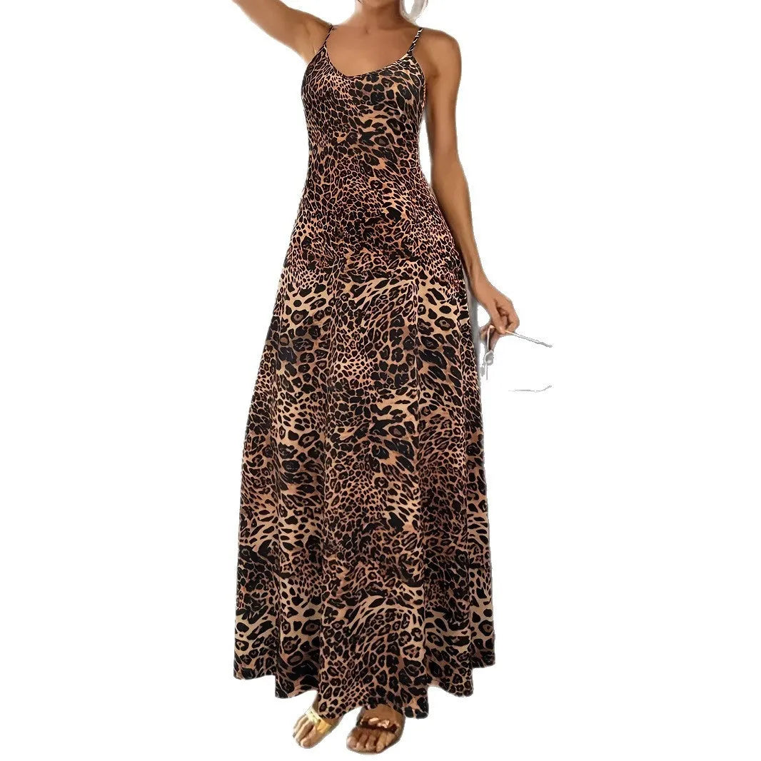 Dark brown leopard print casual dress with sleeveless round neck and shoulder strap design