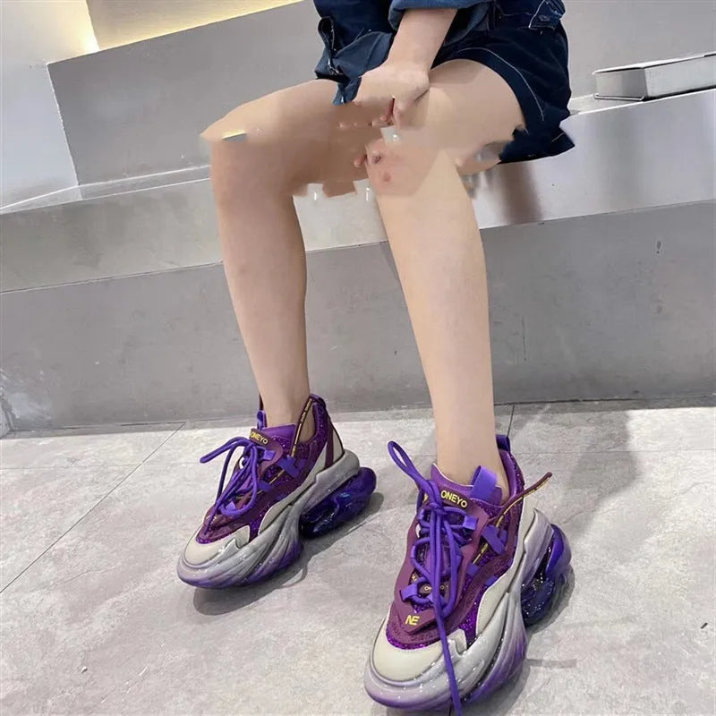 Women's leather sports shoes with thick soles and cross tie closure in multiple colour options