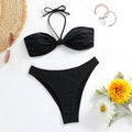 Black women's lace-up tube top bikini set with separate briefs in polyester swimwear fabric.