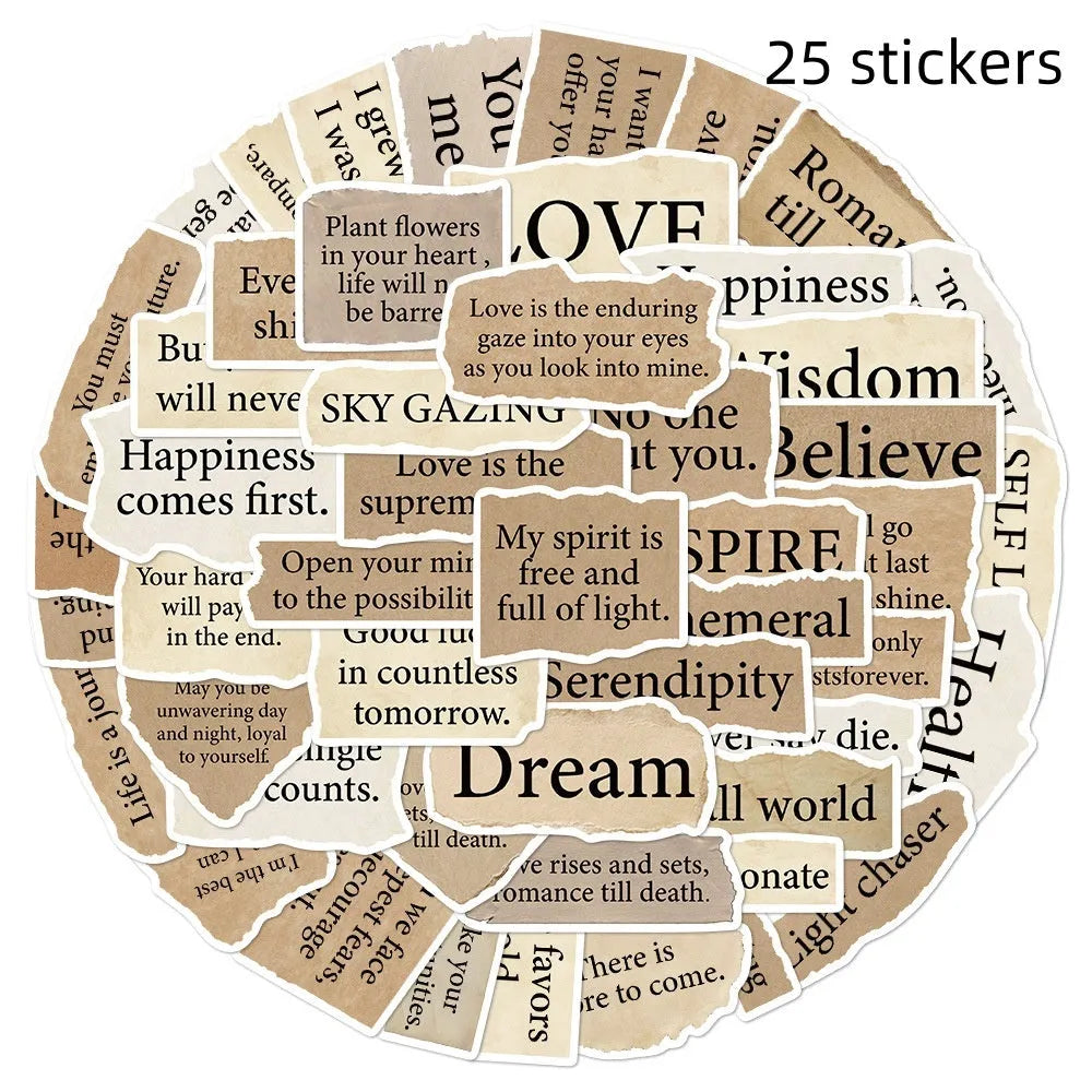 Torn English decorative stickers in waterproof PVC material sized 4-7 cm