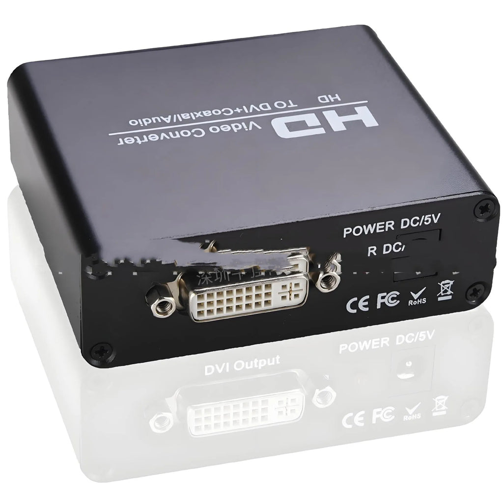 Black HDMI to DVI converter with coaxial audio output and 1.5 metre cable for 1080p monitor connection