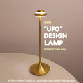 UFO-shaped table lamp with metal base and touch dimming controls in black, gold, or grey colour