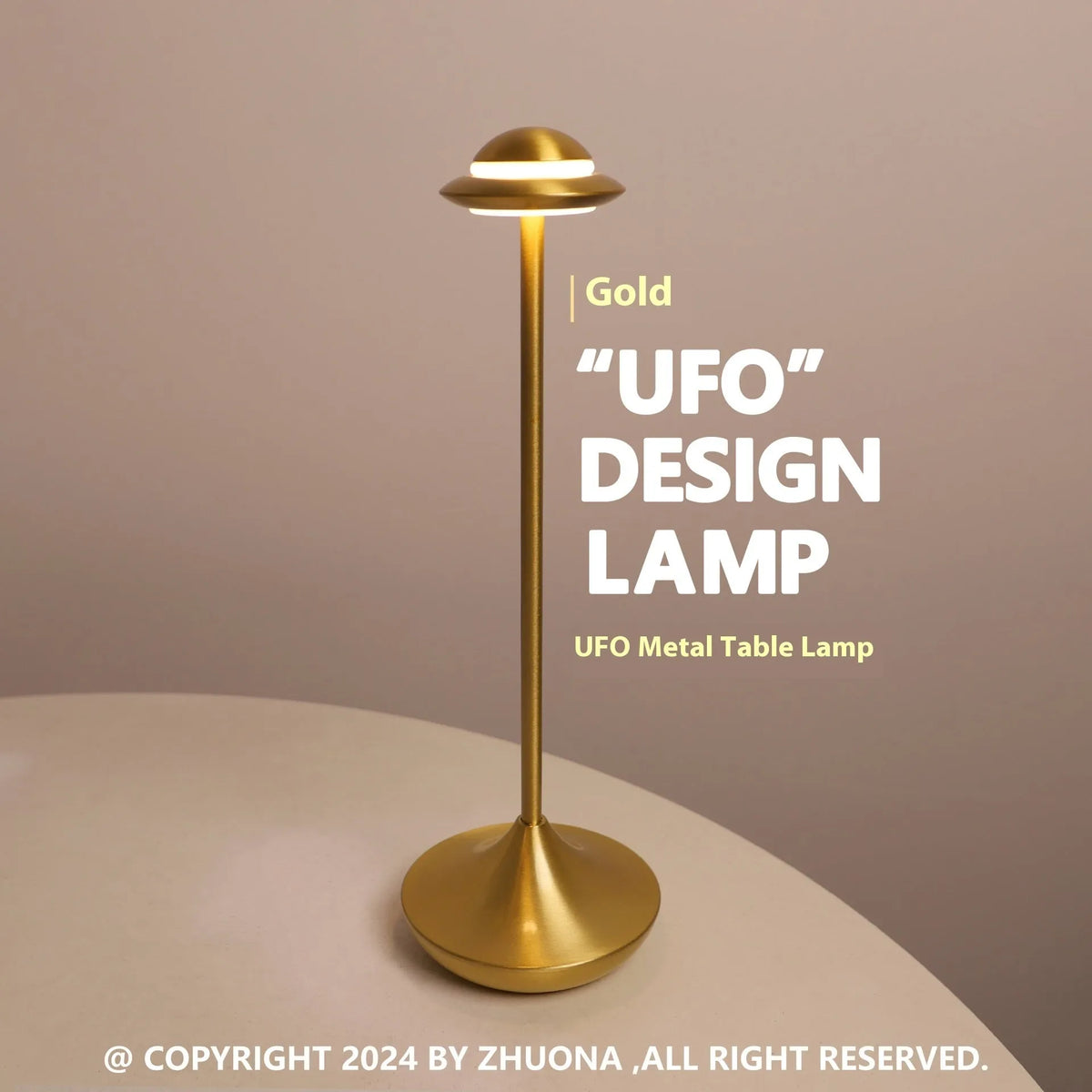 UFO-shaped table lamp with metal base and touch dimming controls in black, gold, or grey colour