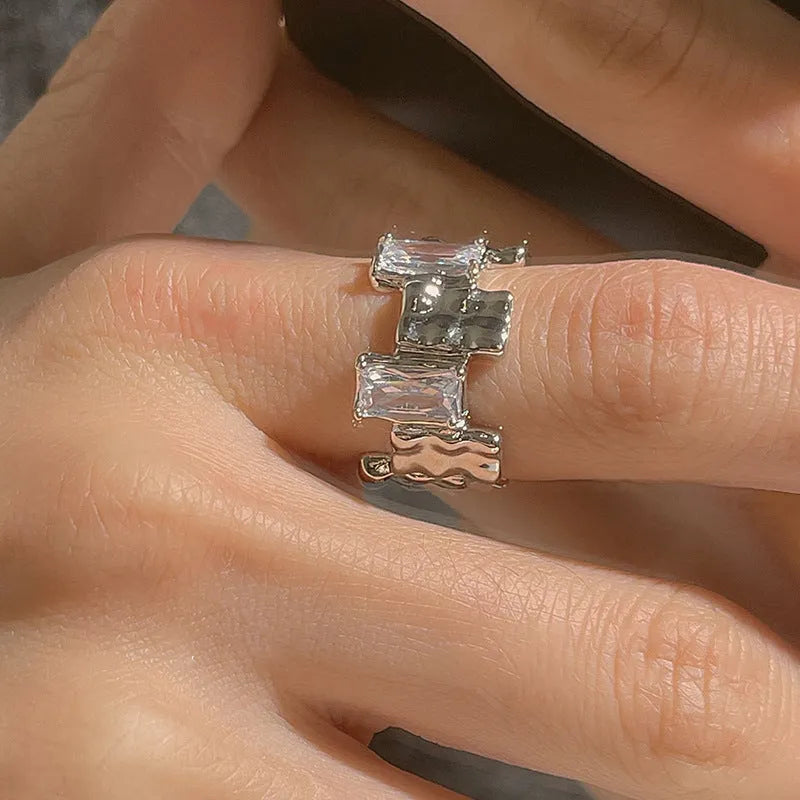 Silver geometric open ring with cross zircon design and retro pastoral styling