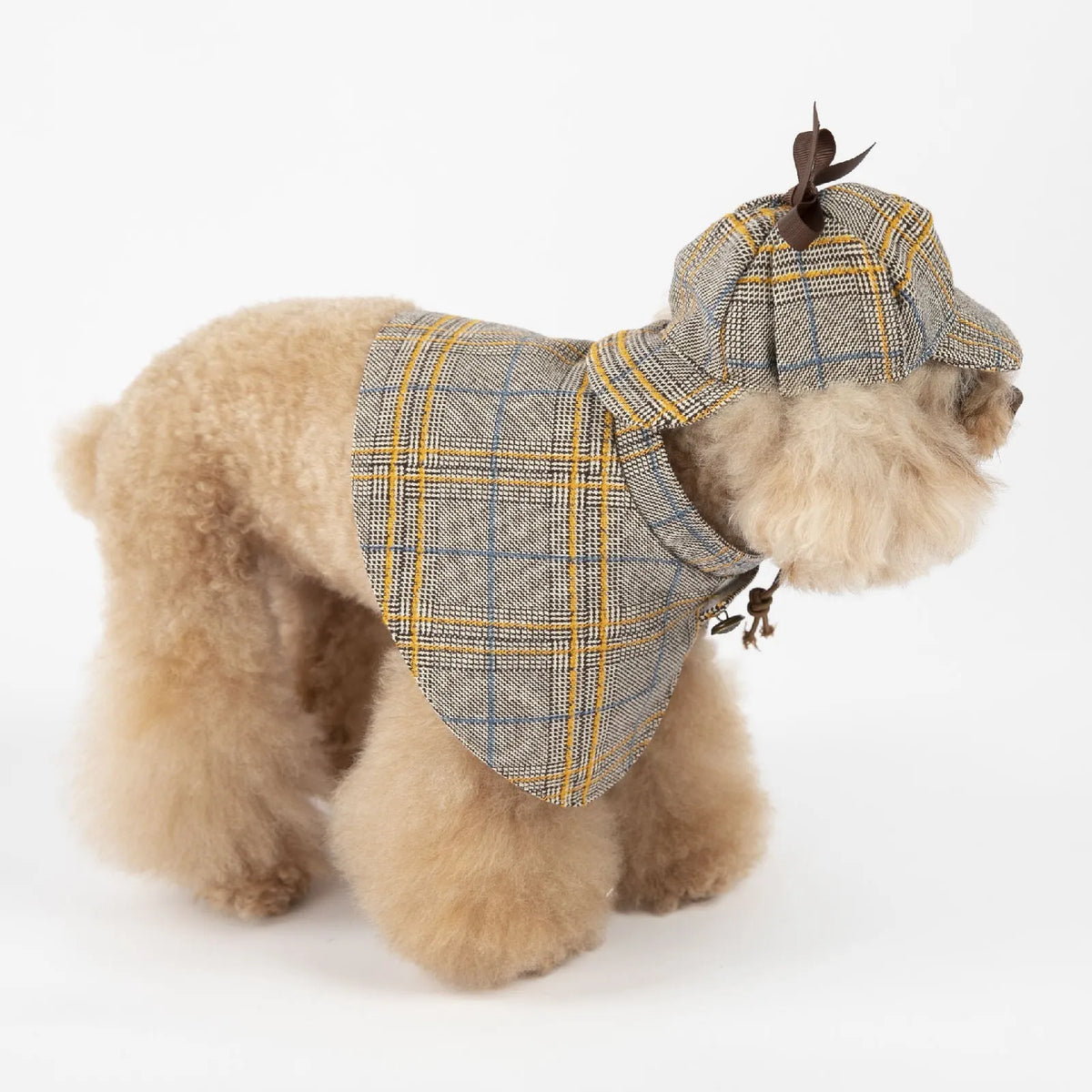 Camel-coloured cotton cloak for a small dog with an adjustable hat, shown in a detective suit style.