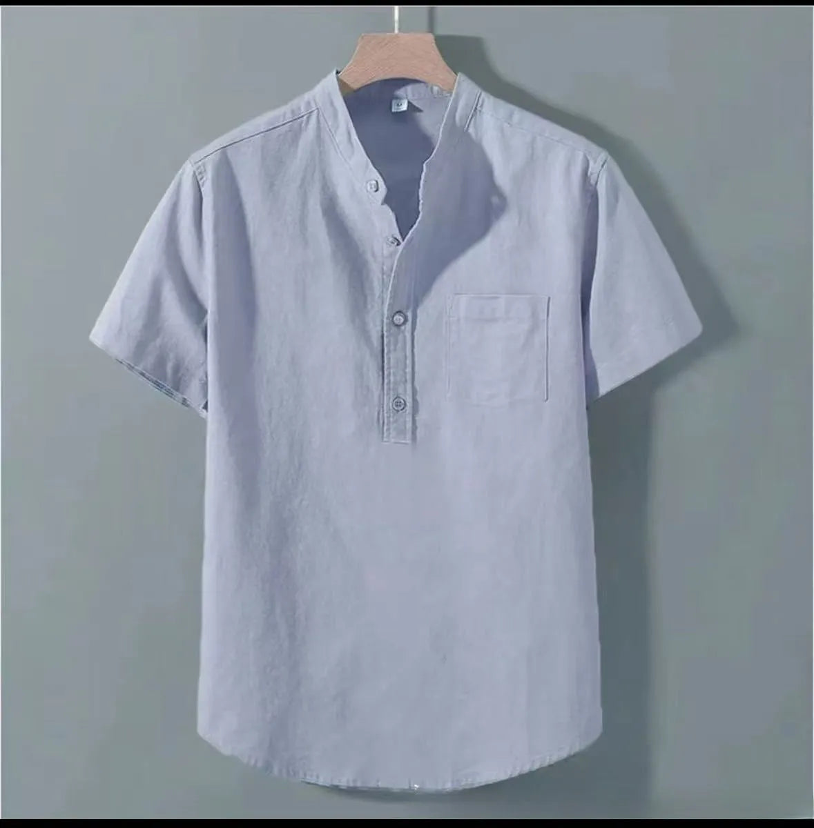 Men's casual short sleeve linen shirt with stand collar in slub cotton fabric
