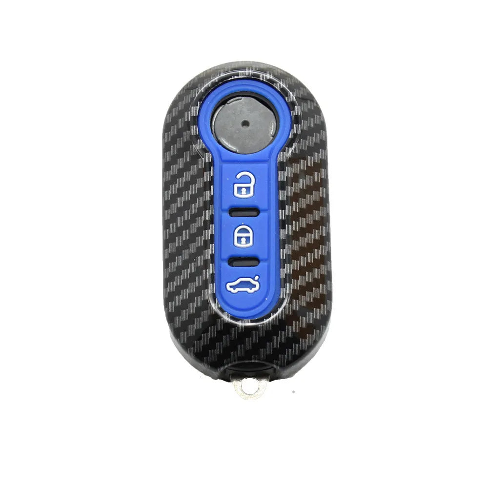 Fiat 500 Boyue Ottimo Viaggio carbon fibre design remote key case in black, red, and dark blue