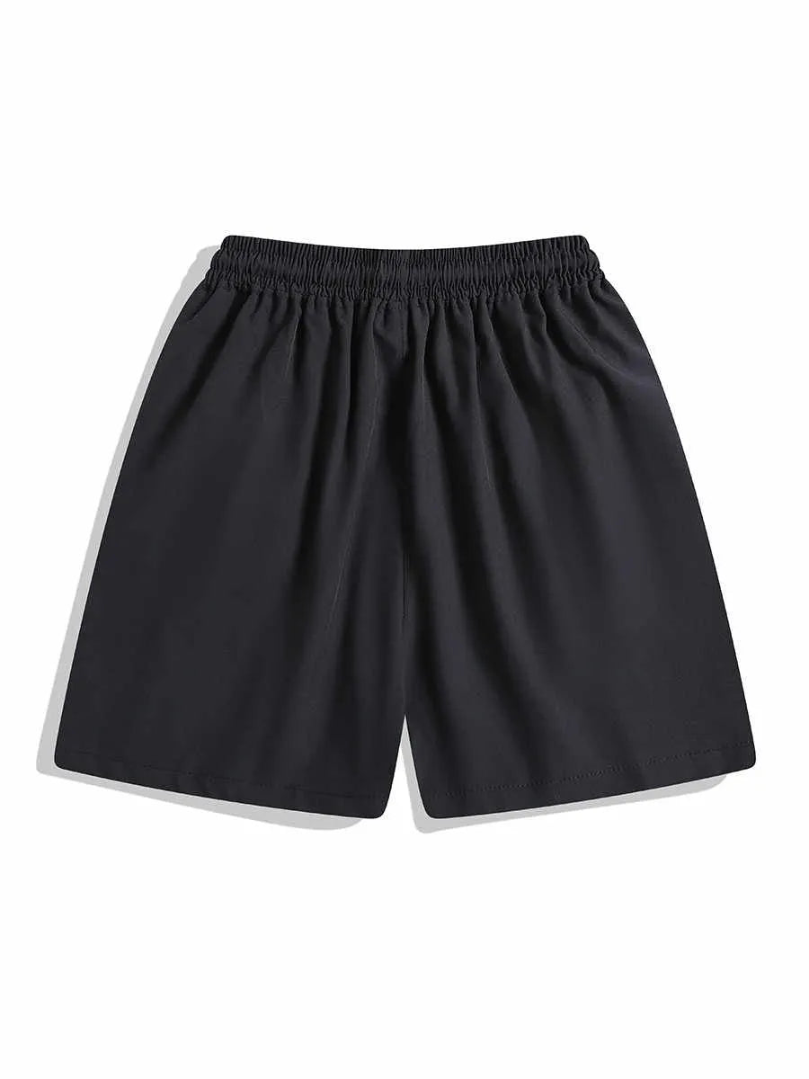 Men's black quick-drying sports shorts with elastic waist and straight-leg loose fit