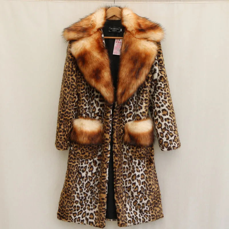 Women's long leopard print artificial fur jacket with regular sleeves on a model.
