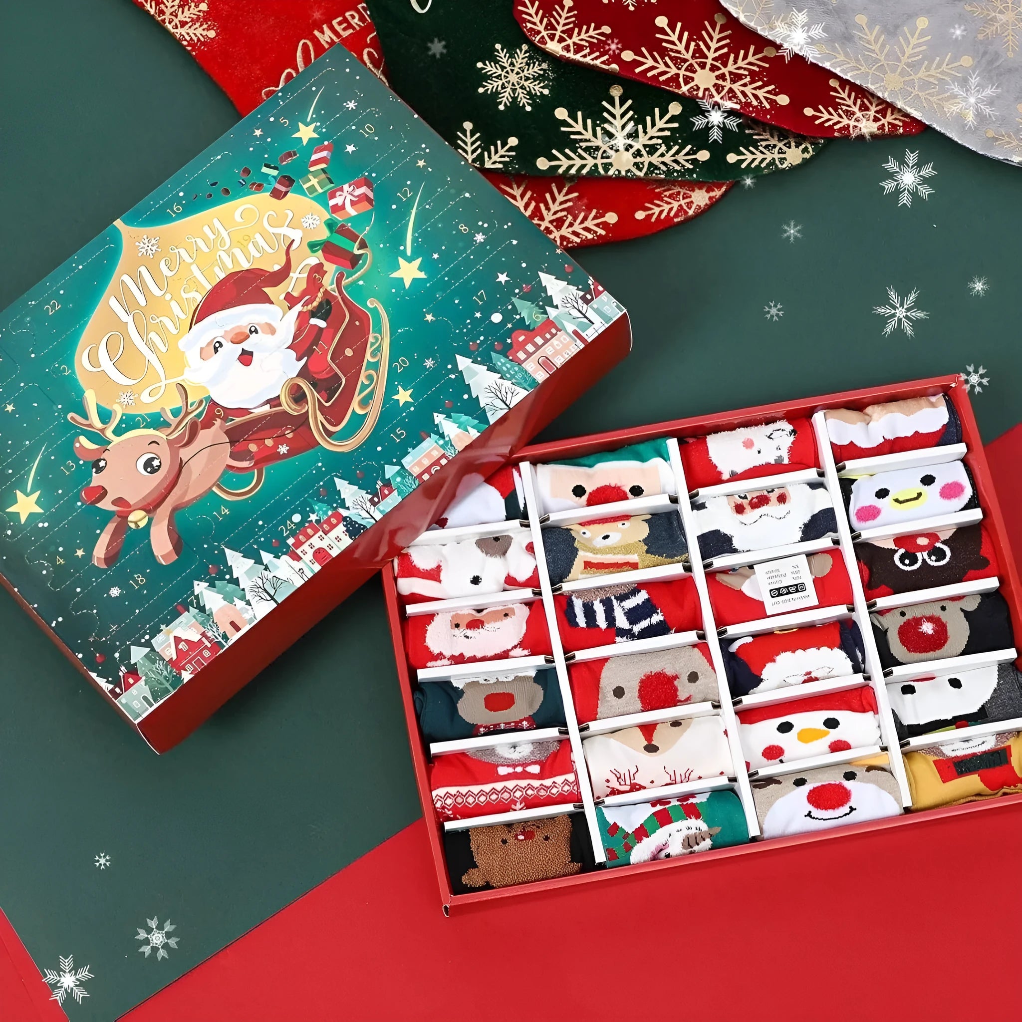 Miniature resin Christmas stocking ornament from a blind box, showing one of seven possible colour-coded styles for festive decor.