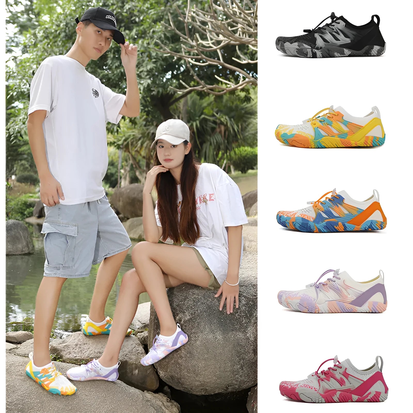 Men's and women's quick-drying mesh wading shoes in various colours on a non-slip rubber sole.