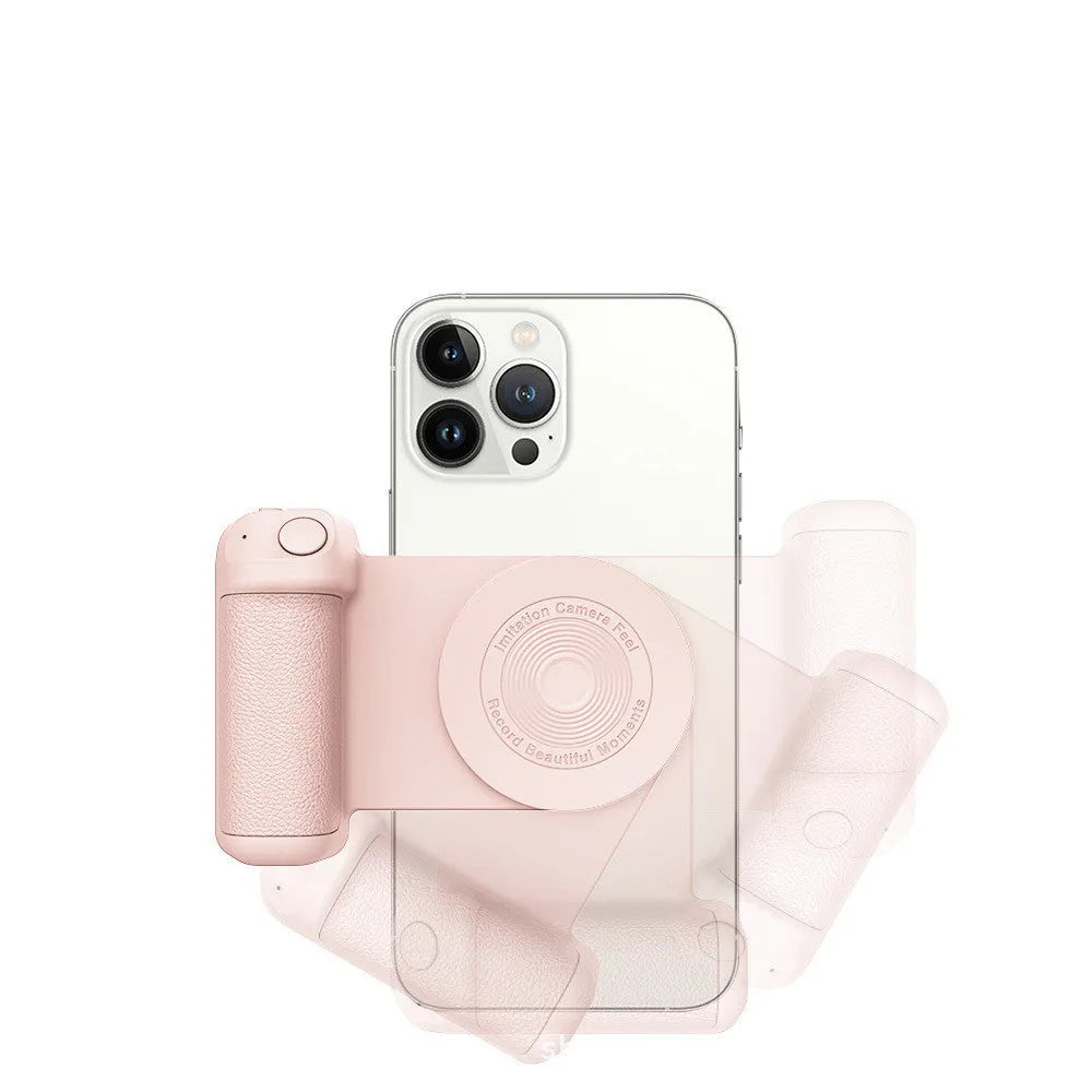 Black magnetic phone camera bracket with PU leather grip and adjustable tilt stand on a table
