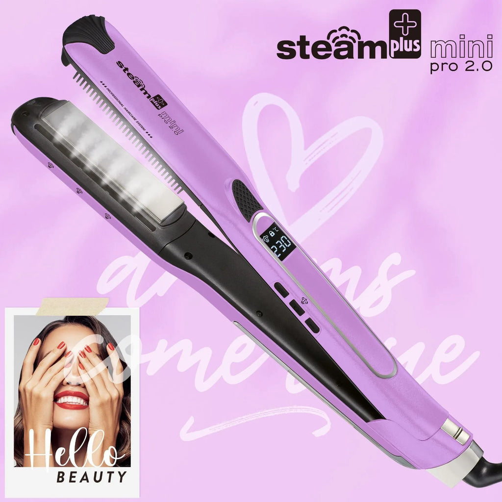 Mini steam hair straightener in purple colour with steam function display