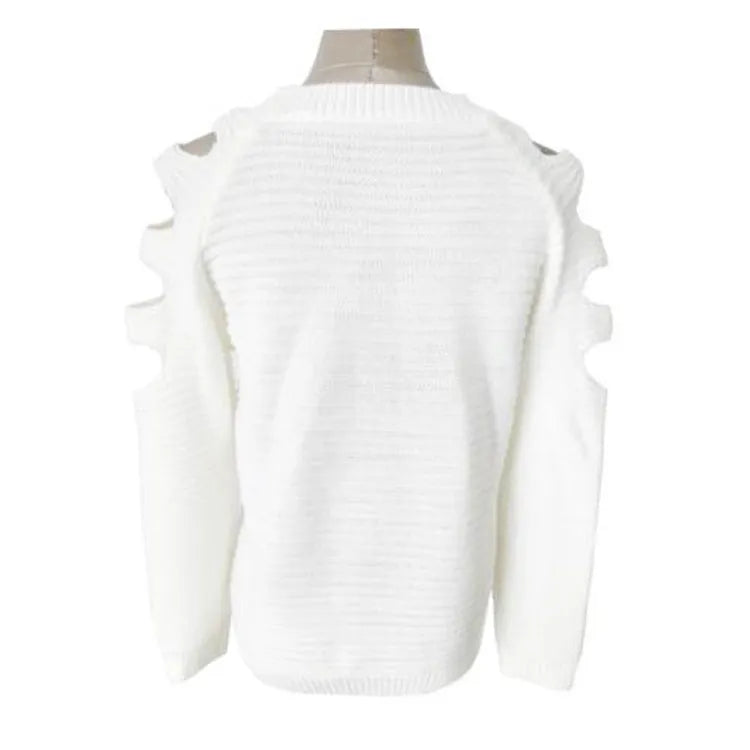 Women's white crocheted hollow-out knit shirt with round neck and long sleeves