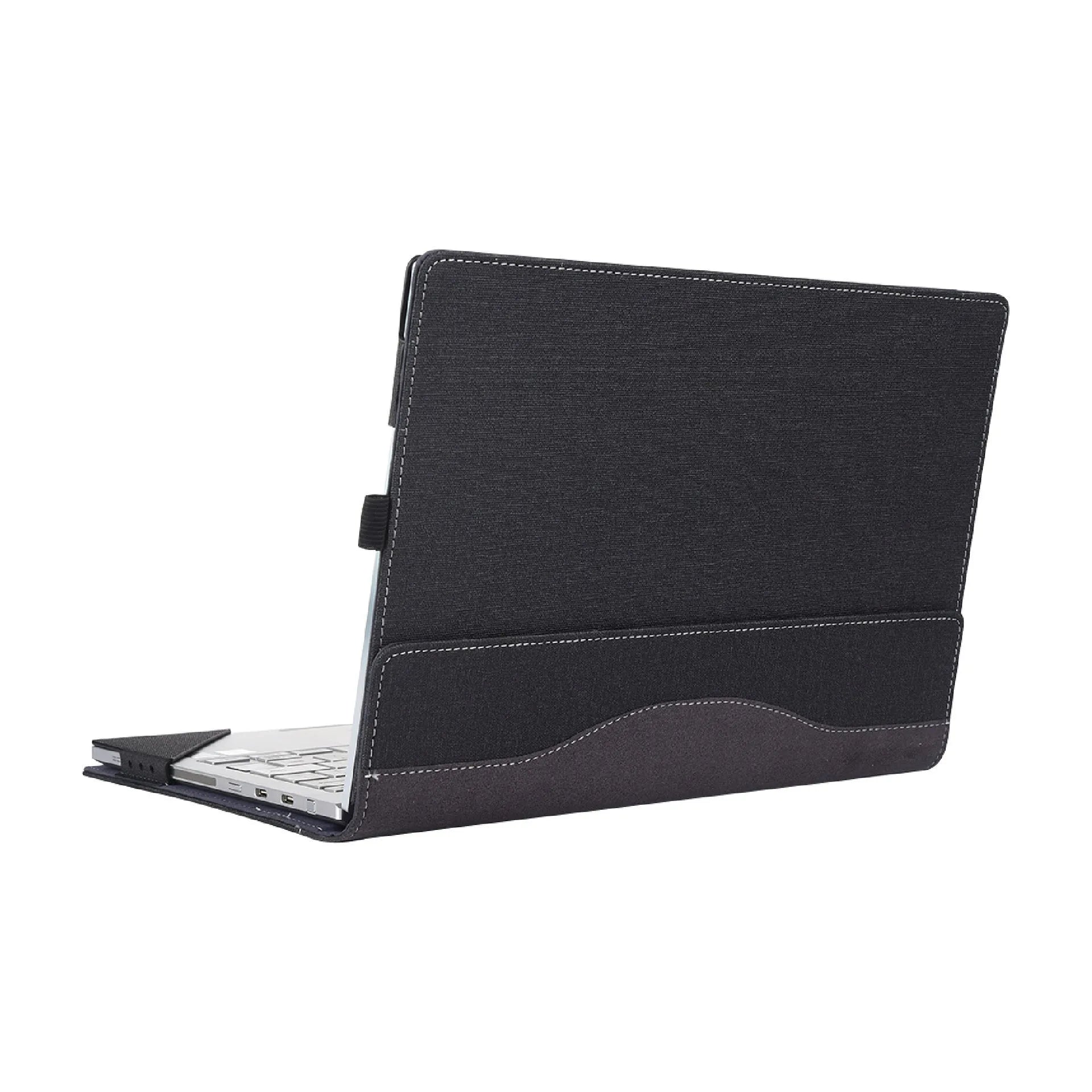 Black imitation leather laptop sleeve for Microsoft Surface Laptop 6 with Chinese style fabric craft detailing