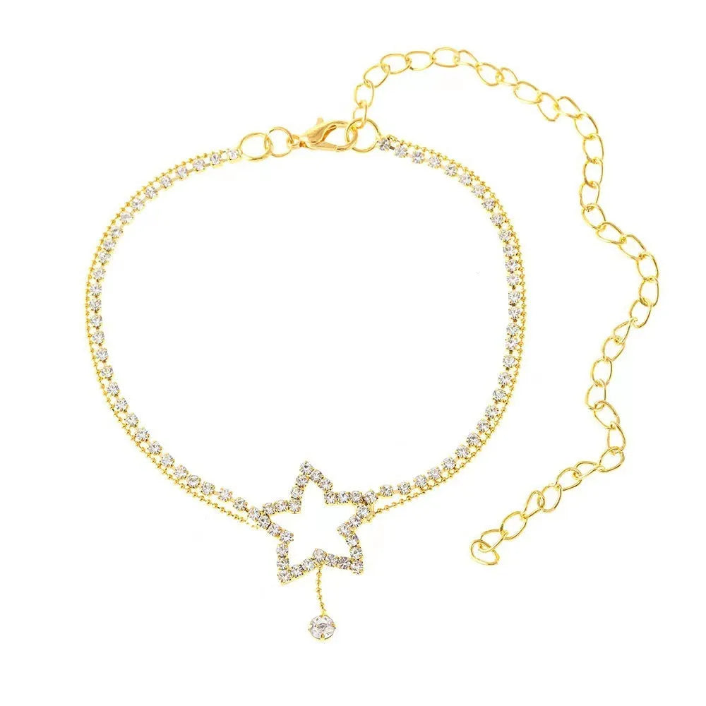 Women's five-pointed star heart rhinestone necklace anklet in gold or silver with plated artificial gemstone inlay
