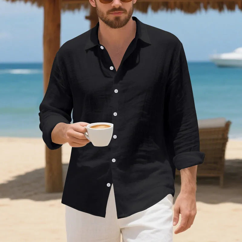 Linen casual shirt in loose American style with non-ironing fabric