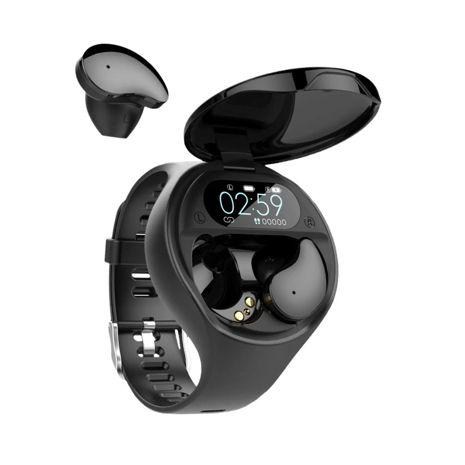 Black smart bracelet with detachable Bluetooth earphones showing colour screen display
