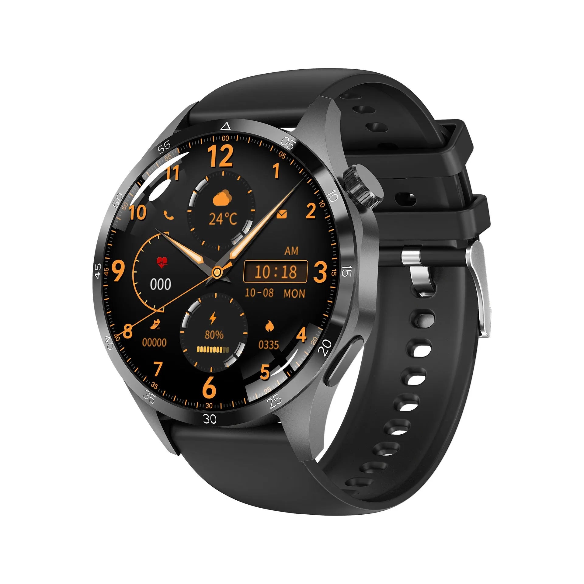 Black Bluetooth smartwatch with TFT touch screen showing health metrics display
