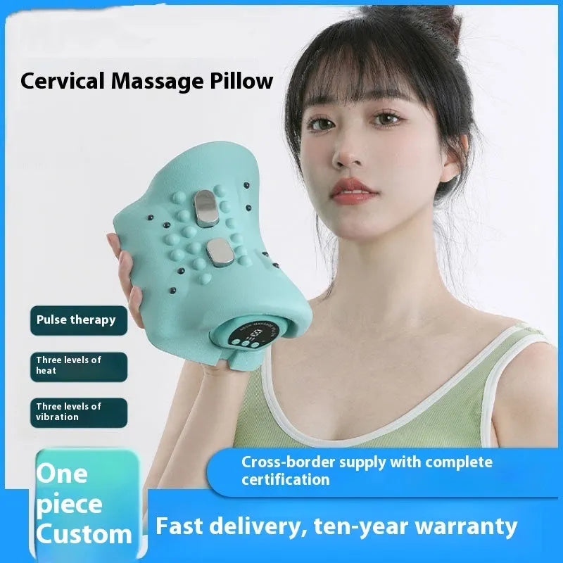 Blue-green portable massage pillow for neck and shoulder with EMS, heat, and vibration functions