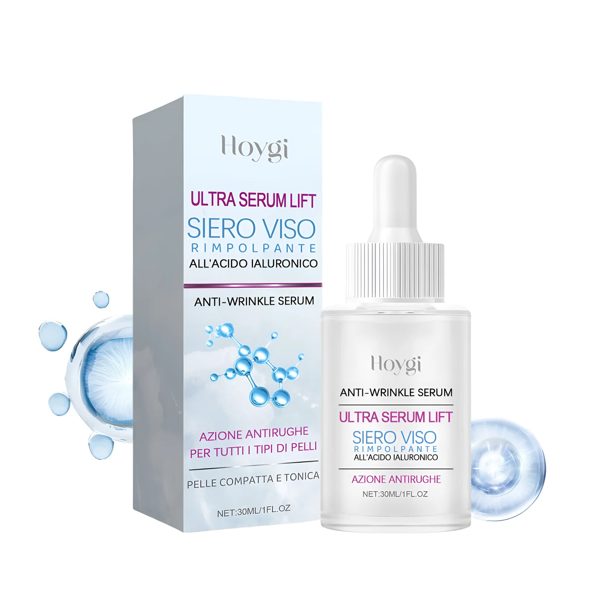 30ml bottle of hyaluronic acid anti-wrinkle solution essence for facial skincare application