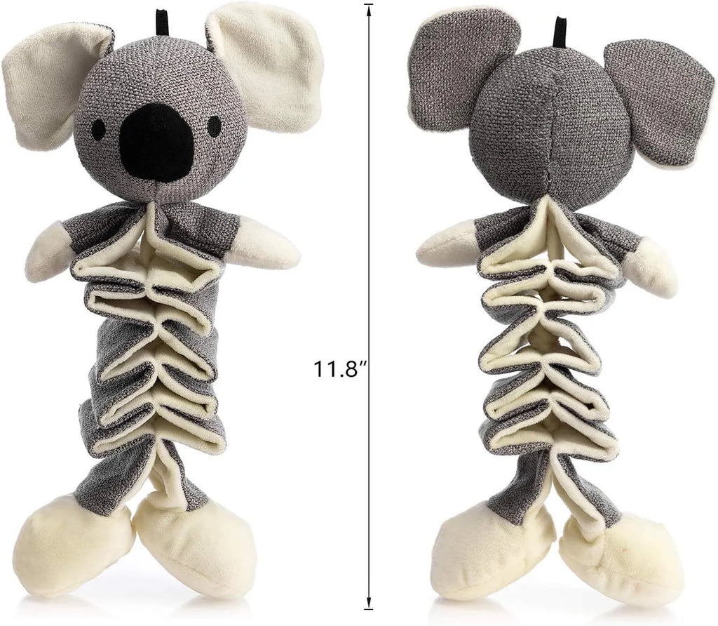 Grey koala dog toy with squeaky and crinkle paper sounds, measuring 30cm long