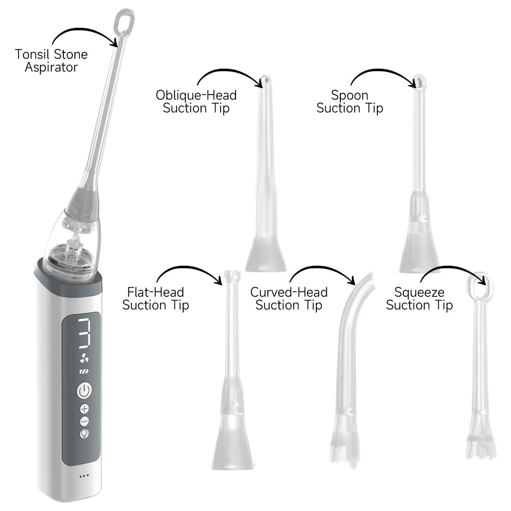 Milky white tonsil stone removal tool with curved extraction tip for oral hygiene and dental stone management