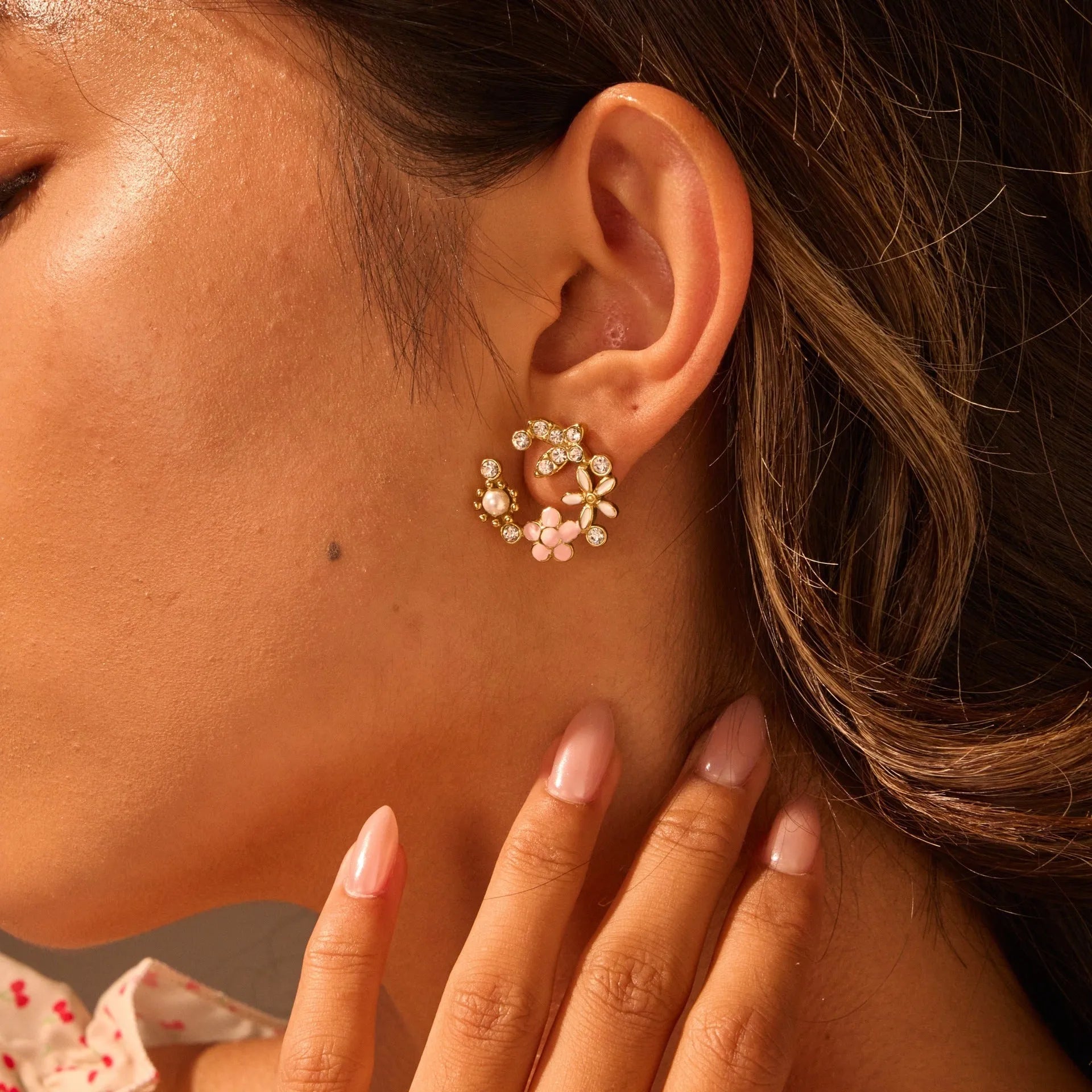 Colourful flower stud earrings with petal design in 18K stainless steel with electroplated finish