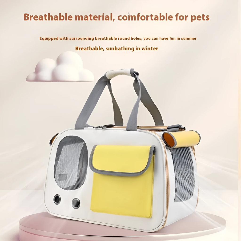 Yellow foldable canvas pet carrier backpack shown from the side.