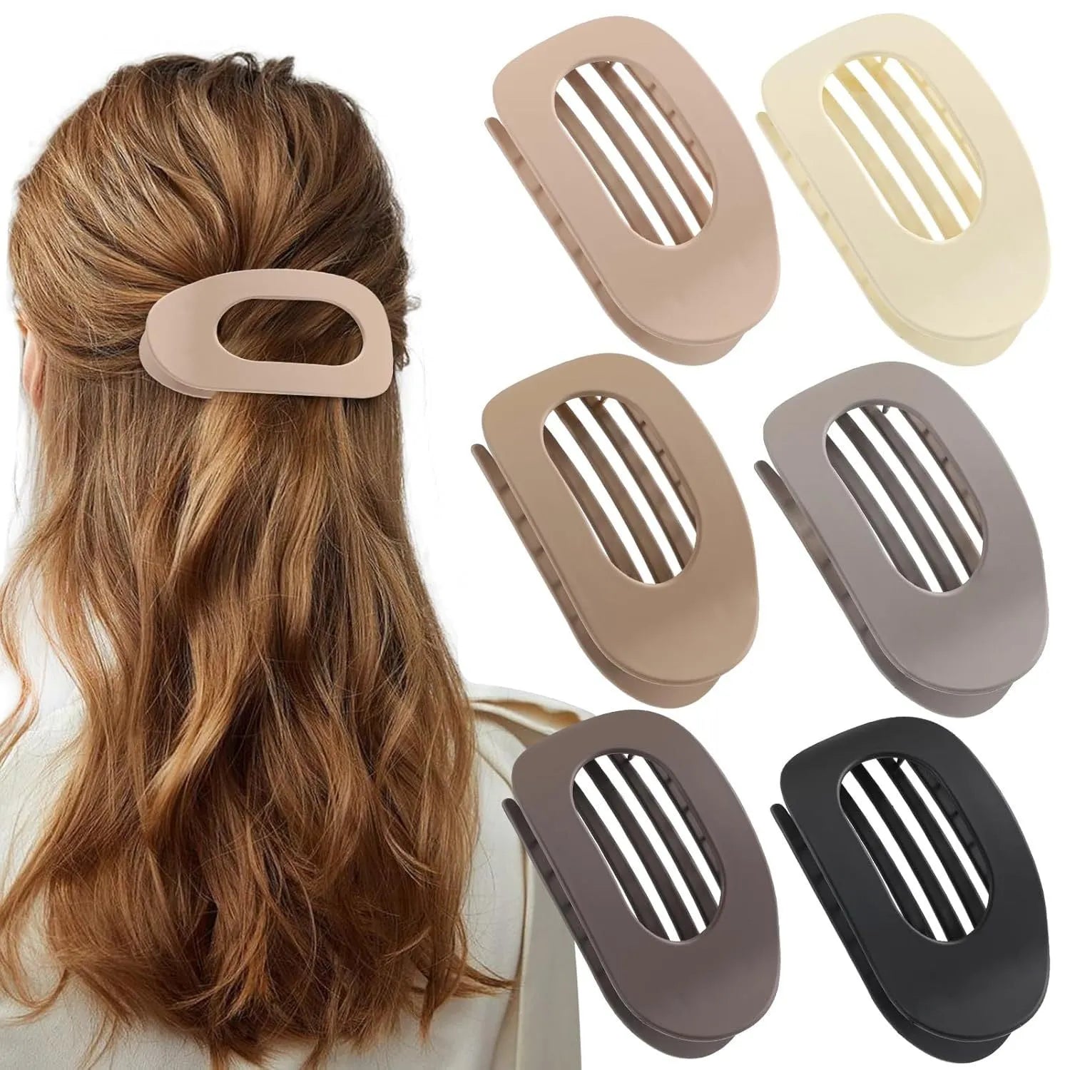 Six rose red plastic hair clips with quadrilateral shape and frosted grip, presented in an OPP bag.