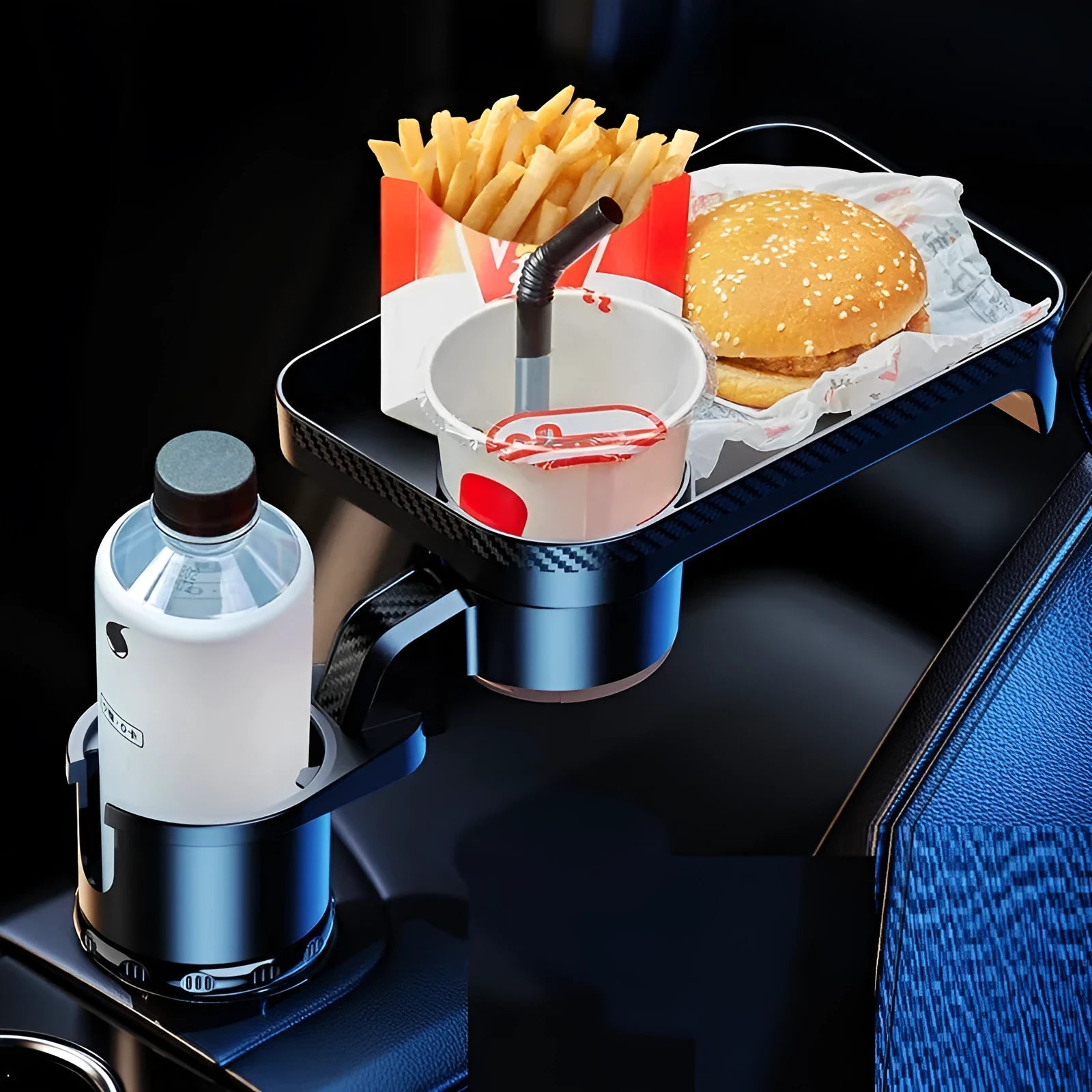 Black ABS car-mounted rotating dinner tray holder with integrated cup holder in vehicle